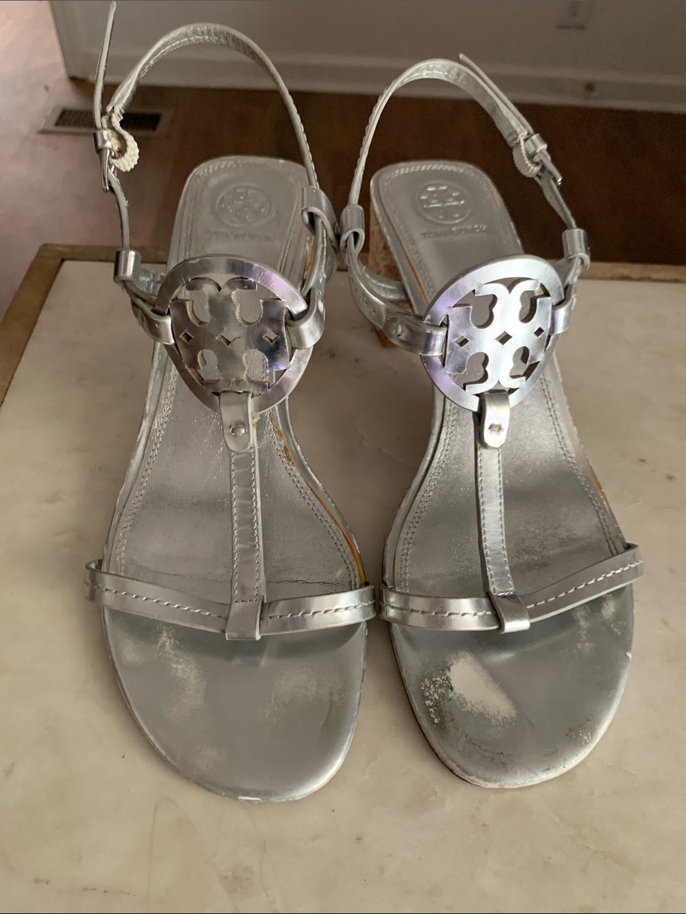 Tory Burch Silver Logo T-Strap Sandals